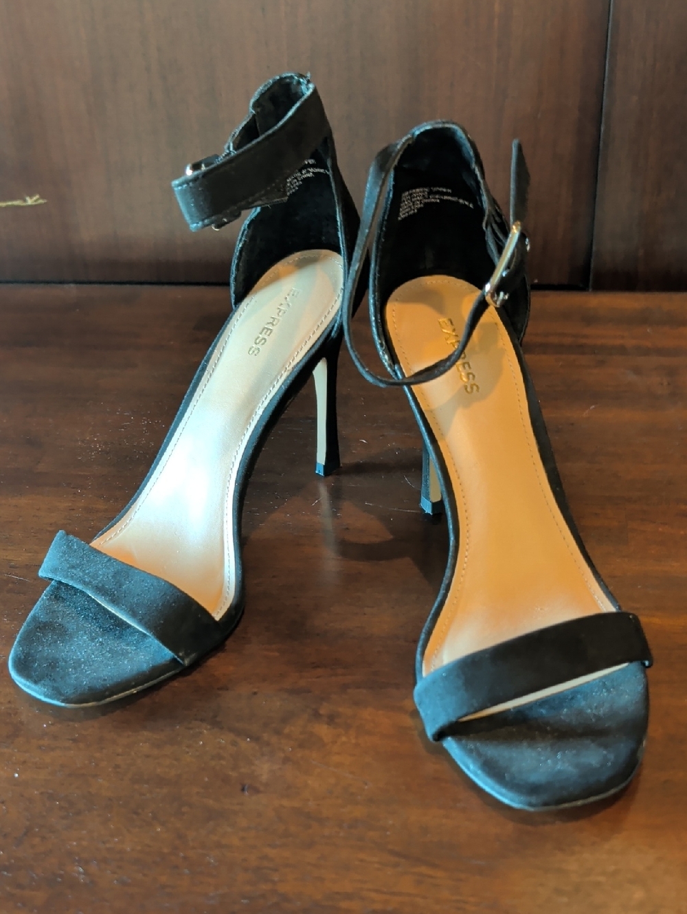 Express Black Suede Open-Toe Ankle Strap Heels